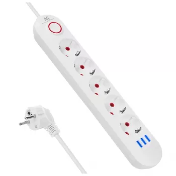Maitinimo blokas MACLEAN MCE395 W – 5 kištukinių lizdų, 3× USB A, 110–240 V AC, 2,1 A USB, max 2500 W, baltas, 1,5 m laidas