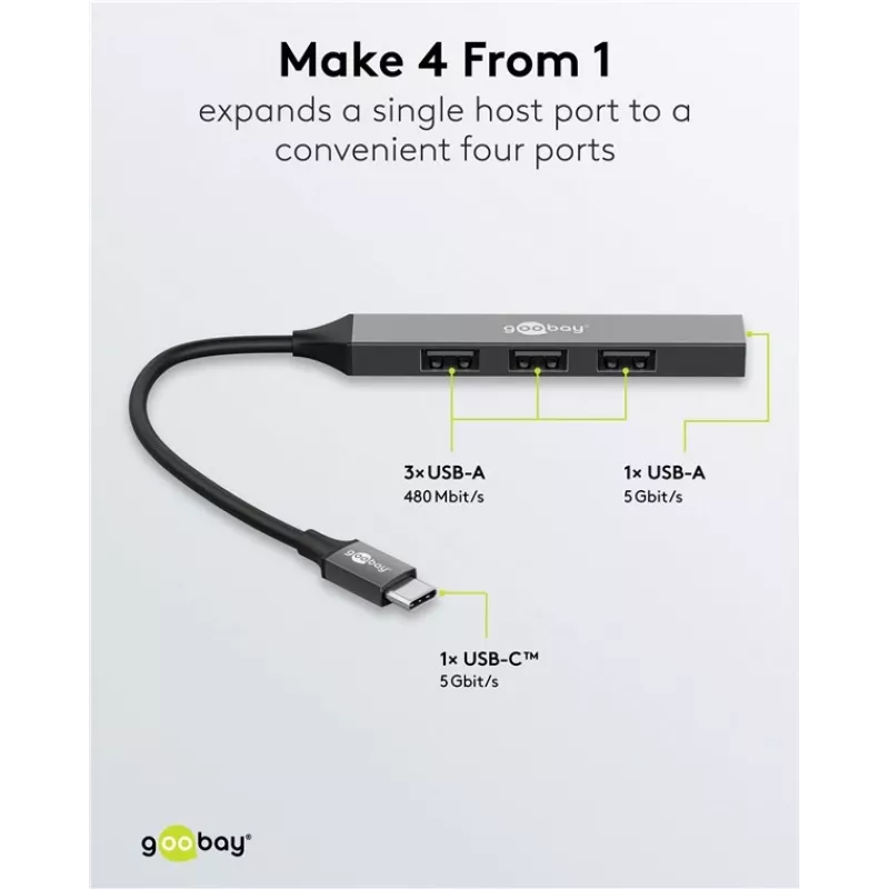 Goobay Slim 4 prievadų USB šakotuvas, USB-C™ į USB-A, USB 3.2 (74457)