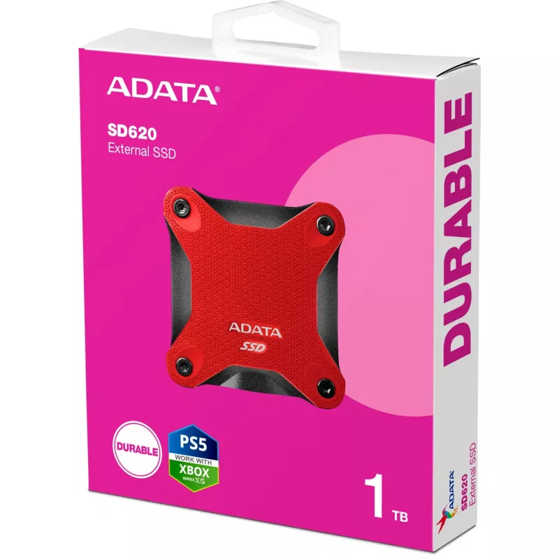 Išorinis SSD ADATA SD620 1 TB, nešiojamas USB 3.2 Gen 2 (Micro-USB B), skaitymas 520 MB/s, rašymas 460 MB/s, atsparus smūgiams, raudonas