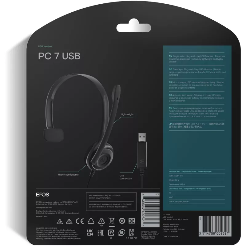 Sennheiser PC 7 USB ausinės – laidinės, vienos ausies, biurui ir kontaktų centrams, USB-A, juodos