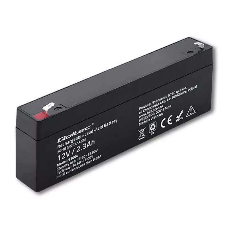 Sandari AGM baterija QOLTEC 12V 2,3Ah UPS ir atsarginės maitinimo sistemoms, maks. iškrova 34,5A