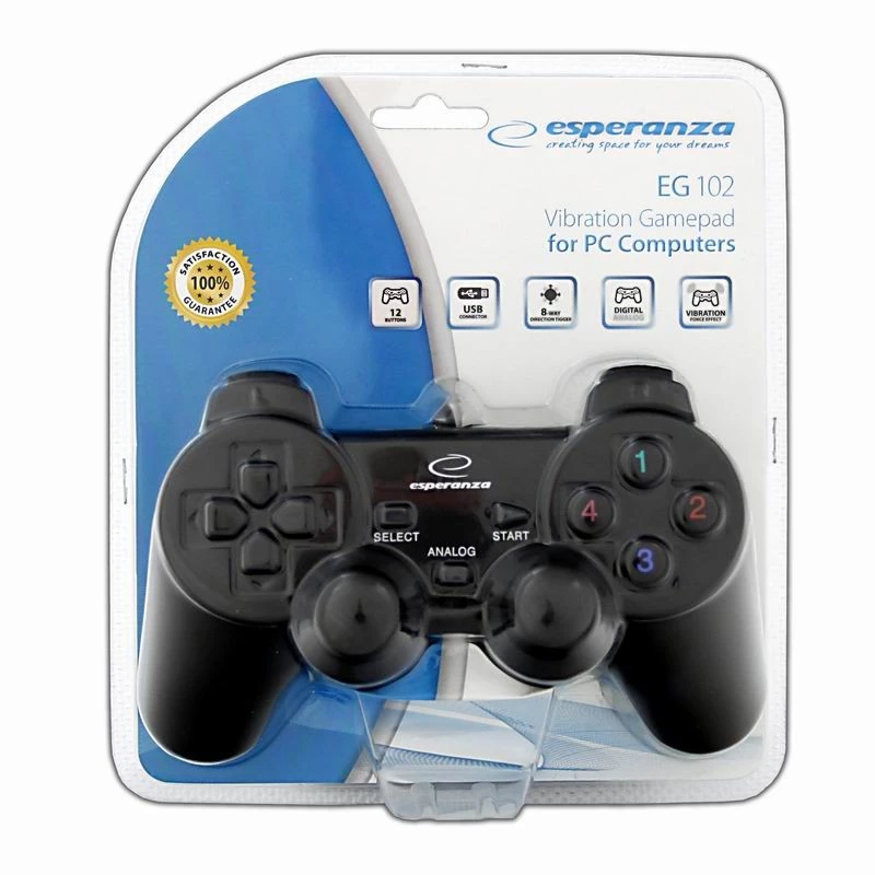 Pultelis ESPERANZA EG102 laidinis USB 2.0, PC/PlayStation 3 palaikymas, D-pad, vibracija, juodas