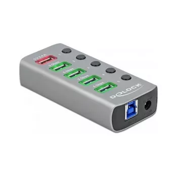 USB šakotuvas DeLOCK 63263, USB 3.2 Gen 1, 4× USB-A, USB-C PD 3.0, aliuminis
