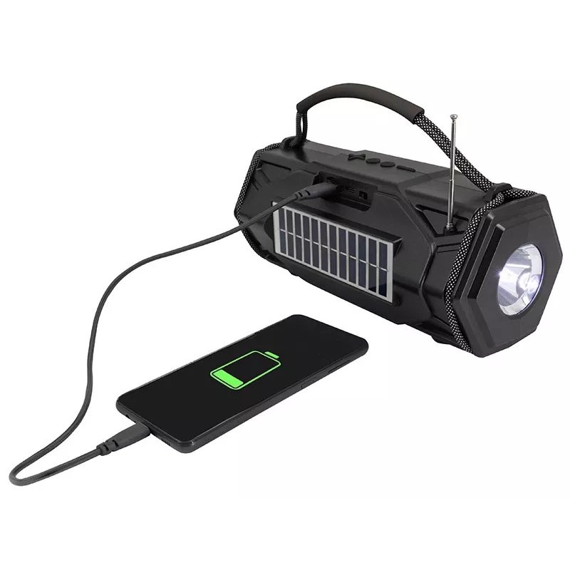 Tracer Explorer TRAGLO47616 nešiojamoji Bluetooth kolonėlė, TWS, Bluetooth 5.3, 15 W RMS, FM radijas, žibintas, saulės elementas, 1800 mAh maitinimo bankas, microSD, juoda