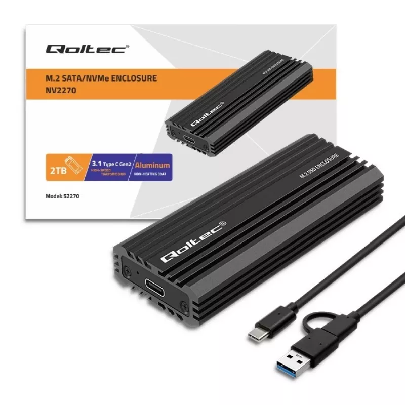 Išorinis SSD korpusas QOLTEC NV2270 M.2 SATA/NVMe diskams, USB-C, iki 2 TB