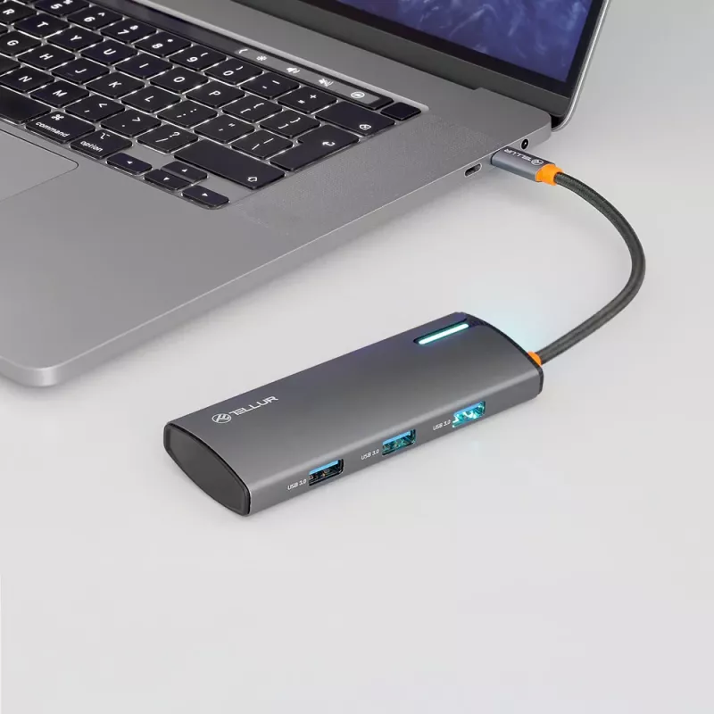USB-C šakotuvas Tellur TLL321061 su PD 3.0 100W, HDMI išvestimi ir 3× USB 3.0 prievadais