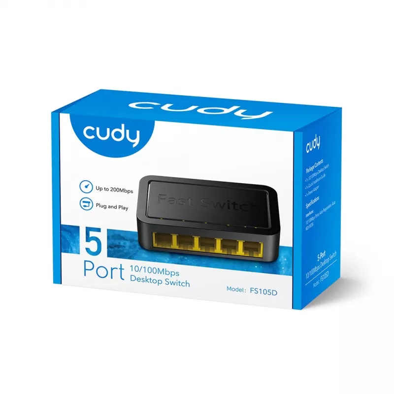 Tinklo jungiklis Cudy FS105D — 5 prievadų Fast Ethernet 10/100, 1 Gbit/s perjungimas, juodas