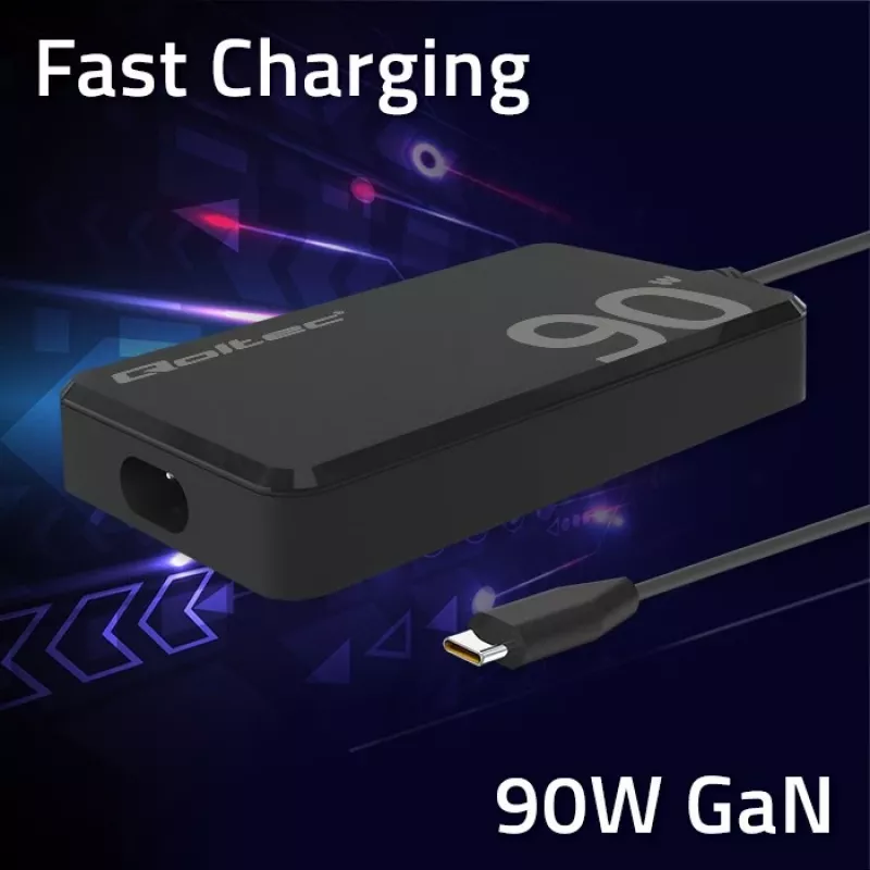 Qoltec 90W GaN Super Fast SLIM Wall Charger | XP | 5-20V | 4.5A | USB-C 3.1 | Nešiojamam kompiuteriui | MacBook | Išmaniajam telefonui | + laidas