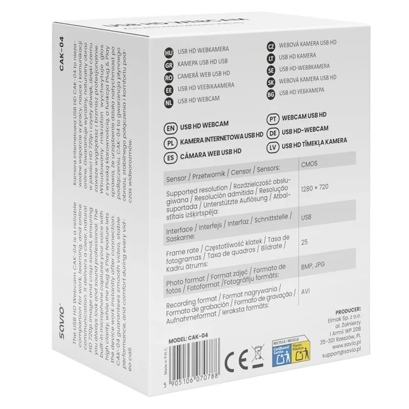 Savio CAK-04 internetinė kamera 720 MP 1280 x 720 pikselių USB Juoda