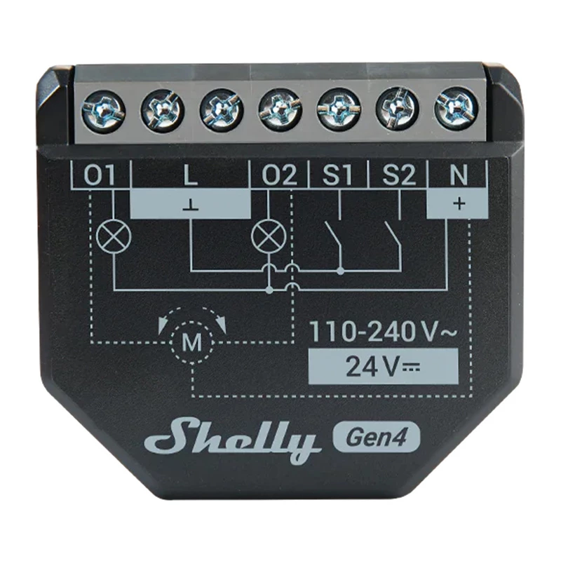 Shelly 2PM Gen4 žaliuzių ir roletų pavara 2 kanalai, AC 110–240V, 2.4 GHz Wi‑Fi, 1.4 W, 8000 KB flash