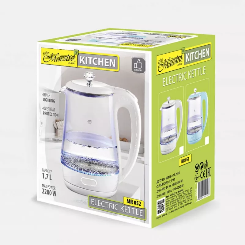 Maestro MR-052-BLUE elektrinis virdulys iš stiklo, 1,7 l, 2200 W, mėlyna