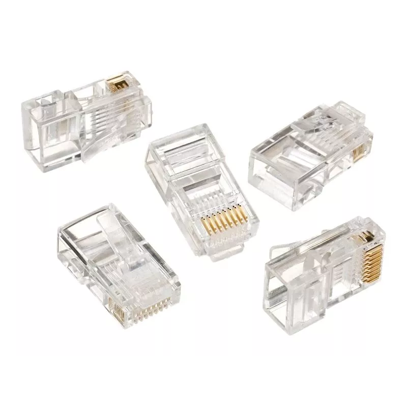 Modulinis kištukas 8P8C, skirta vientisam LAN kabeliui CAT5, UTP, 10 vnt. pakuotėje | Kištukas RJ45 8P8C, 30 µ” auksuotas, 3 šakės vidiniai kontaktai
