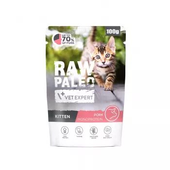 Šlapias kačiukų ėdalas VETEXPERT Raw Paleo Kitten Pork 100 g – bekombinuotas pilnavertis pašaras jaunikliams