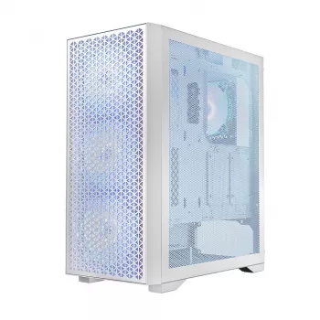 Kompiuterio korpusas LOGIC Dart Pro Midi ARGB baltas — Midi bokštas, ATX, 456×200×385 mm, max GPU 34 cm, CPU aušintuvo aukštis 155 mm, 3×120mm priekyje + 1×120mm gale, USB 3.0 x2, USB-C x1