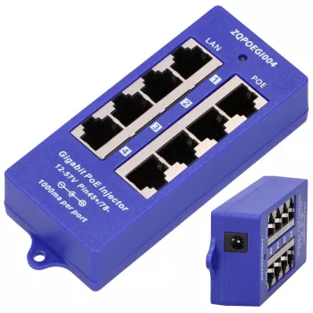 Extralink Gigabit 4 prievadų PoE injektorius, 4x 1000 Mb/s RJ45, 48 V, mėlynas/juodas
