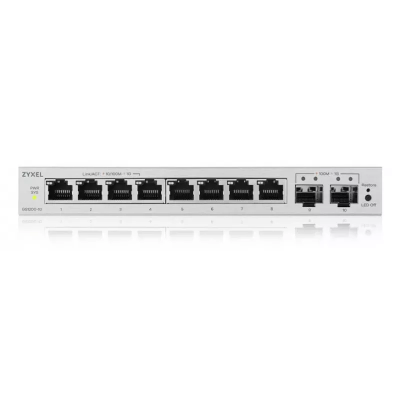 Valdomas L2 Gigabit jungiklis Zyxel GS1200-10v3 — 8x Gigabit (10/100/1000), 20 Gbps, MAC 4000, stalinis, pilkas