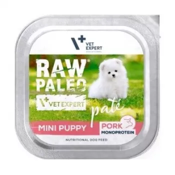 Šlapias šunų ėdalas VETEXPERT RAW PALEO Pâte Mini Puppy Pork 150 g – pilnavertis grūdų neturintis paštetas mažų veislių šuniukams