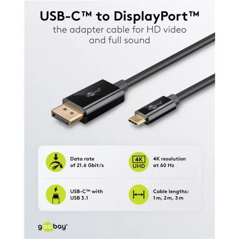 Goobay 75705 USB-C į DisplayPort kabelis, 4K 60 Hz, 2 m, 21,6 Gbit/s, juodas