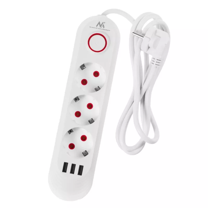 Maitinimo juosta MACLEAN MCE394W – 3 lizdai, 3×USB 2.1A, 110–240V AC, 2500W, 1,5 m laidas, balta