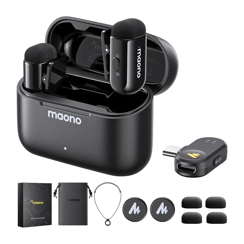 Belaidis mikrofonų rinkinys MAONO WM622 PC2, 2 siųstuvai, USB-C imtuvas, įkrovimo dėklas, 48 kHz/16 bitų, 360° omnikryptis, iki 100 m veikimo atstumas