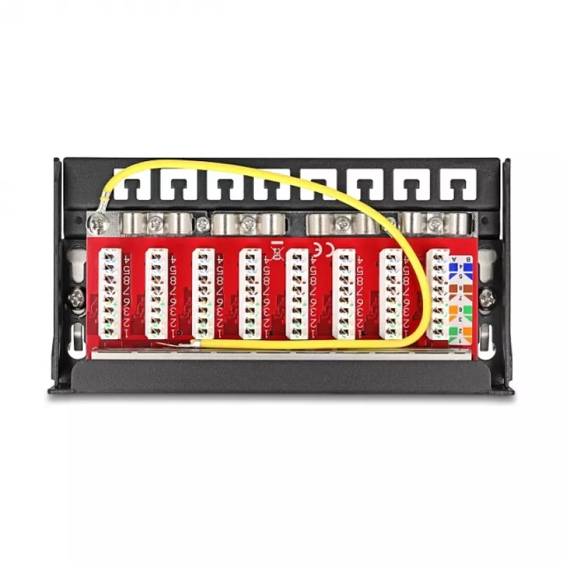 Pataisų skydelis DELOCK Mini Desktop RJ45 8 prievadų Cat.6A ekranuotas juodas, skirtas stalui, sienai arba DIN bėgiui