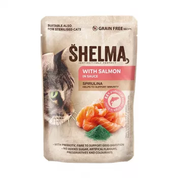 Šlapias kačių ėdalas SHELMA su lašiša padaže, suaugusioms katėms, 85 g, 10% baltymų, 81% drėgmės