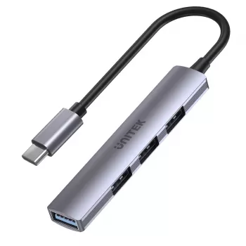 USB-C šakotuvas Unitek H1208B — 1x USB-A 5 Gbps, 3x USB-A 2.0, USB-C lizdas, aliumininis korpusas, 0,20 m kabelis