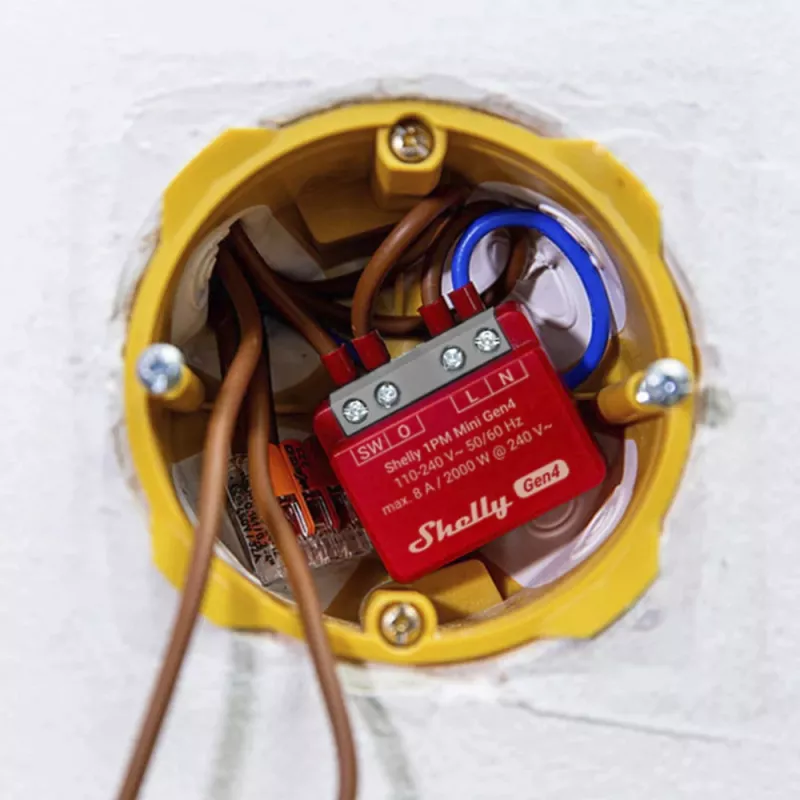 Išmanusis jungiklis Shelly 1PM Mini Gen4, belaidis 110–240V AC, max 8A / 2000W, plastikinis korpusas 34×16×29 mm