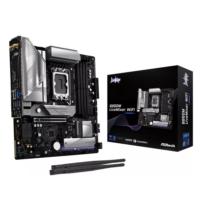 Motininė plokštė ASRock B860M LiveMixer WiFi – Intel B860, LGA 1851, micro ATX, DDR5, 4x DIMM, Wi‑Fi 6E, 2.5Gb LAN
