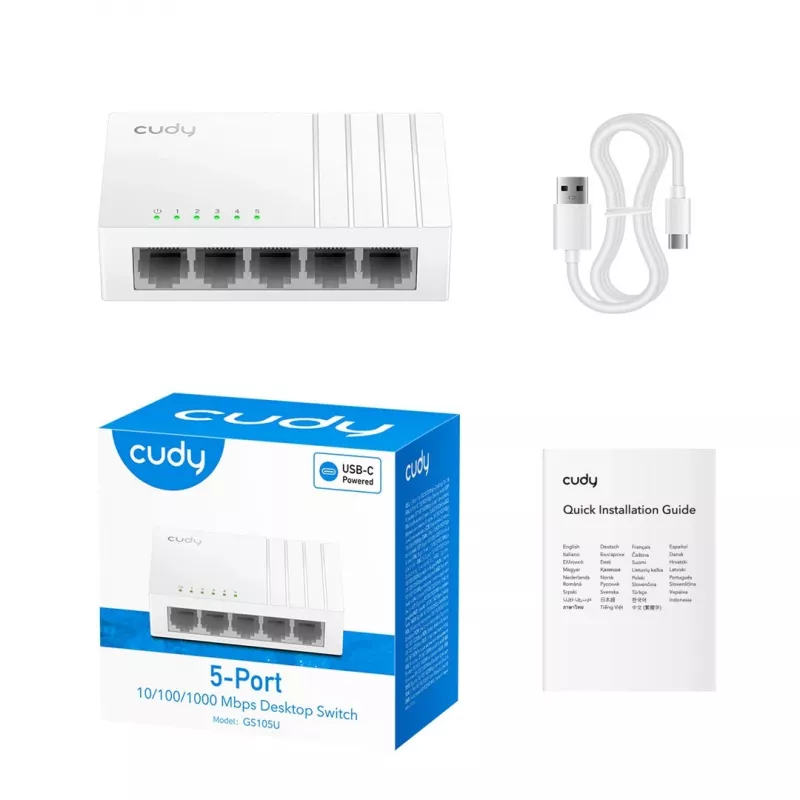 Tinklo jungiklis Cudy GS105U — nevaldomas 5 prievadų Gigabit Ethernet (10/100/1000), baltas, 5 V
