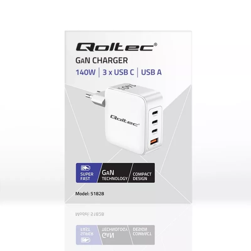 Kroviklis QOLTEC 51828 140W GaN 3×USB‑C PD + 1×USB‑A QC 3.0 – kelių prievadų greitasis kroviklis