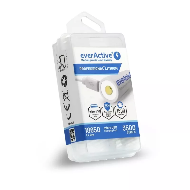 18650 Li-Ion 3,7V everActive 3500mAh baterija (1 vnt.) su mikro-USB ir apsauga
