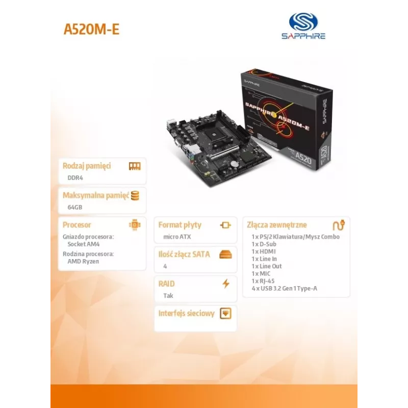 Sapphire A520M-E Micro ATX pagrindinė plokštė, Socket AM4, AMD A520, 2x DDR4 DIMM, max 64 GB, PCIe 3.0 x16/x1, SATA III, Gigabit LAN