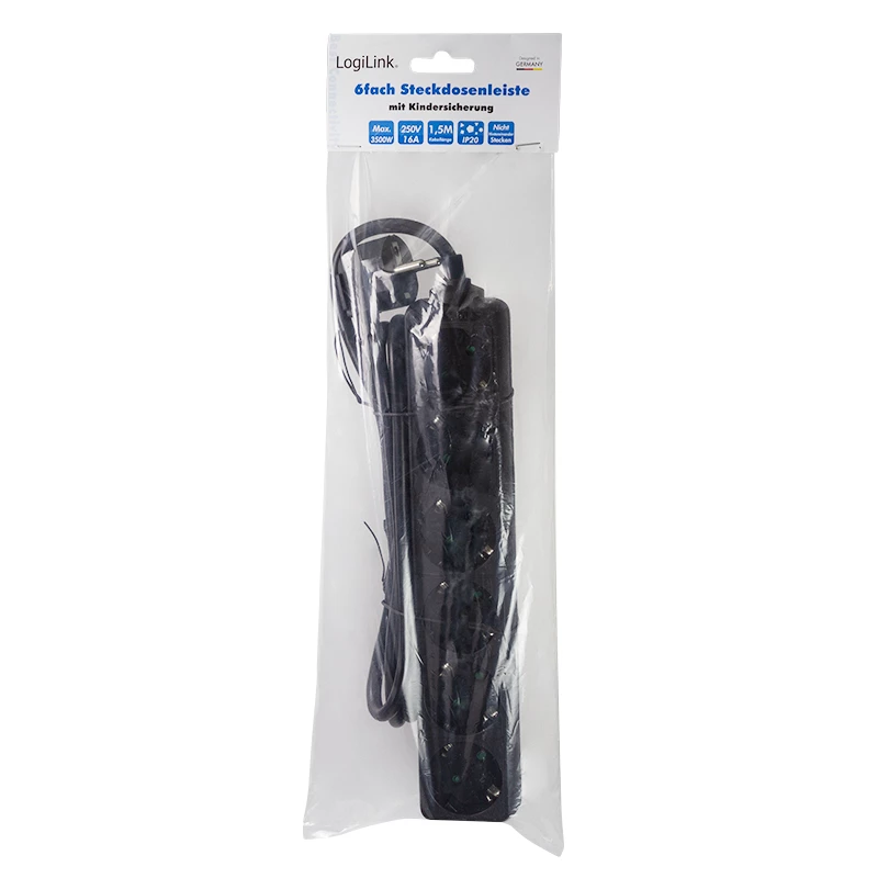 Prailginimo laidas LogiLink LPS238B 1,5 m, 6 lizdų, juodas