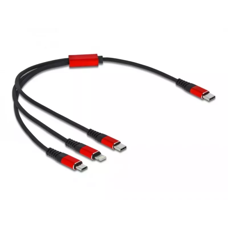 USB įkrovimo laidas DeLOCK 86710 3 in 1 USB Type-C / Lightning / Micro USB 30 cm juodas raudonas