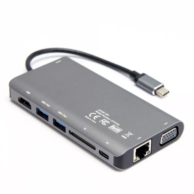 UNITEK uHUB O8+ 8-in-1 USB-C stotelė, pilka, aliuminis, 100W PD