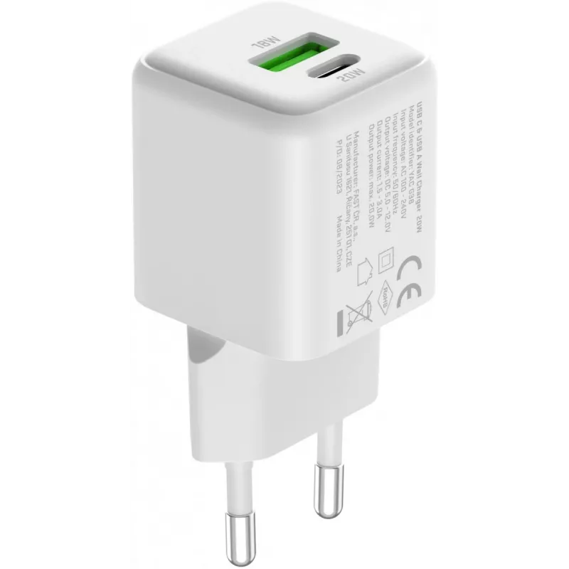Sieninis USB-C / USB-A įkroviklis YENKEE YAC G38 20W 3A Power Delivery