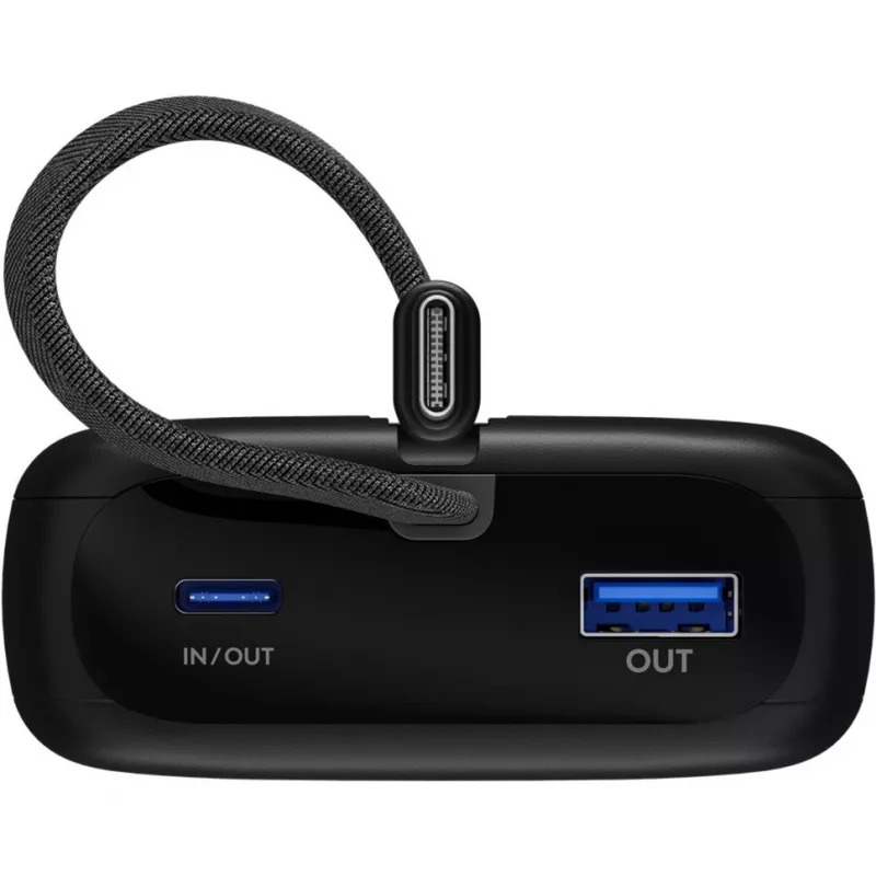 Powerbank 20 000 mAh su integruotu USB-C laidu 13 cm, 30 W, juodas, 20 Ah, 1x USB-A, 2x USB-C, PD, QC