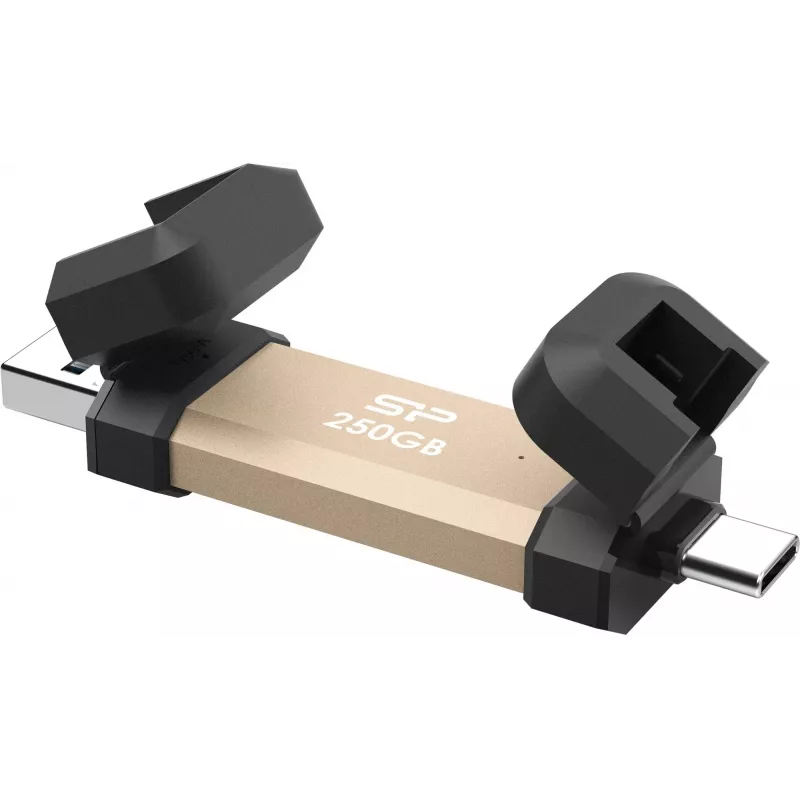 USB atmintukas Silicon Power DS72 250 GB, USB 3.2 Gen 2 Type-A / Type-C, aliuminis/guminis dangtelis, auksinis