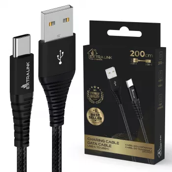 USB Type-A į USB-C laidas Extralink Smart Life pynė 2 m — 15W (5V 3A) juodas