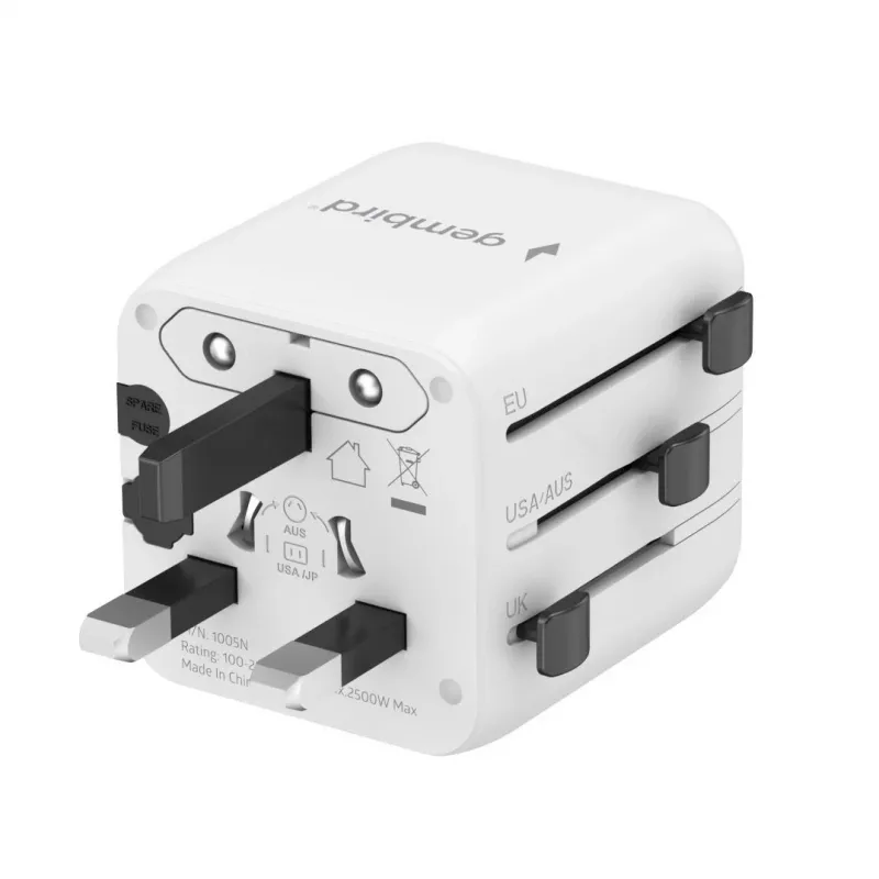 Universalus kelioninis adapteris GEMBIRD TPA-INT-01-W, įvadas 100–250V, G tipo kištukas, 84×56×85 mm