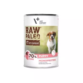 Šlapias šunų ėdalas VETEXPERT RAW PALEO Monoprotein Pork 400 g skardinė, jaunikliams, be glitimo, be sojos