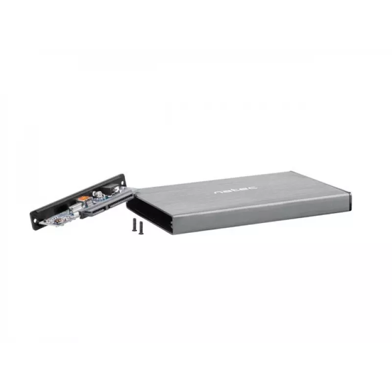 Išorinis HDD/SSD korpusas NATEC Rhino GO — 2,5 colio SATA, 9,5 mm, USB 3.0, aliuminis, pilkas, iki 4 TB
