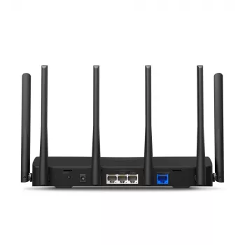 Stalininis maršrutizatorius MERCUSYS MR47BE — triju juostų „Wi‑Fi 7“ (2,4/5/6 GHz), 9300 Mbps, 3× RJ‑45, 2,5GbE, 6 išorinių antenų