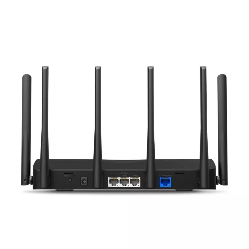 Stalininis maršrutizatorius MERCUSYS MR47BE — triju juostų „Wi‑Fi 7“ (2,4/5/6 GHz), 9300 Mbps, 3× RJ‑45, 2,5GbE, 6 išorinių antenų