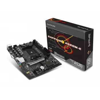 Sapphire A520M-E Micro ATX pagrindinė plokštė, Socket AM4, AMD A520, 2x DDR4 DIMM, max 64 GB, PCIe 3.0 x16/x1, SATA III, Gigabit LAN