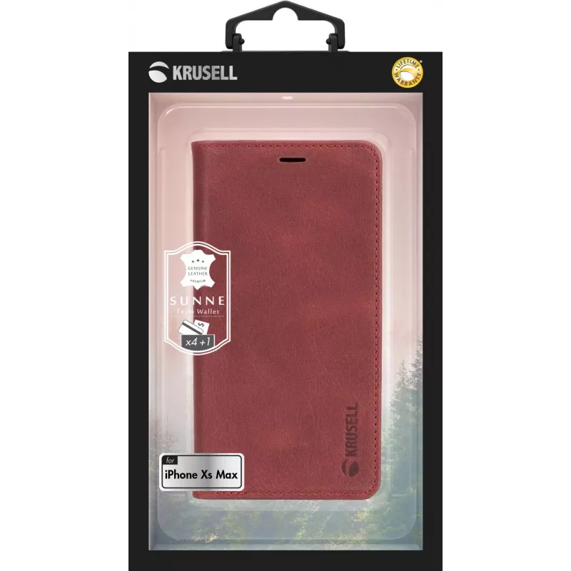 Krusell Sunne 4 Card FolioWallet dėklas iPhone XS Max, raudona, natūrali oda