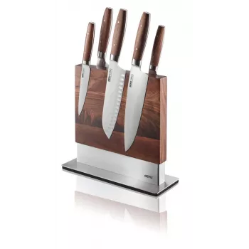 Magnetinis peilių stovas GEFU 13958 Guard – nerūdijantis plienas ir riešutmedis, 90×250×256 mm