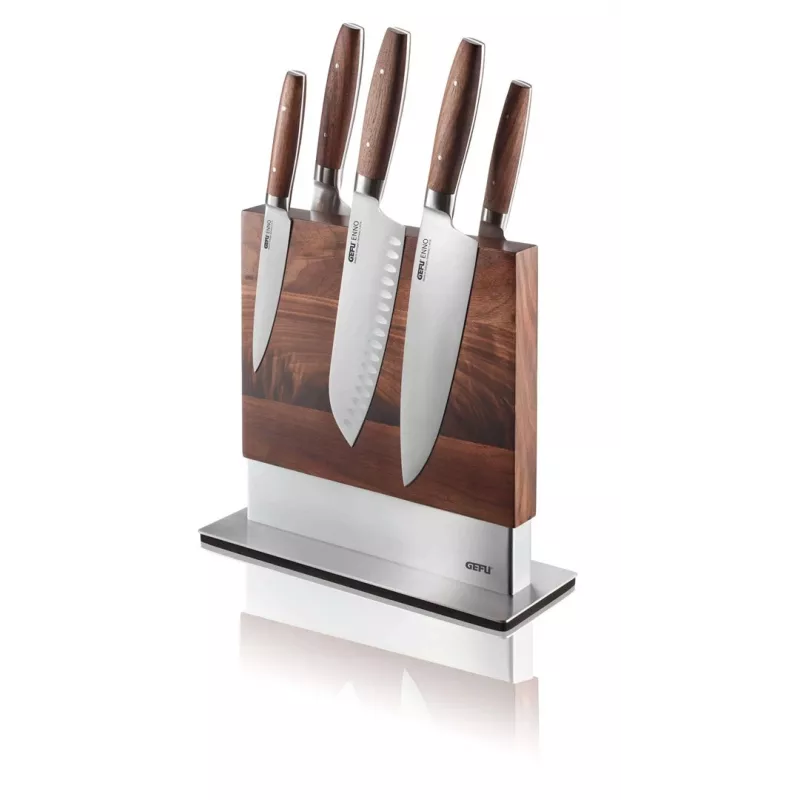 Magnetinis peilių stovas GEFU 13958 Guard – nerūdijantis plienas ir riešutmedis, 90×250×256 mm