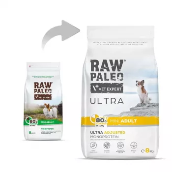 Sausas šunų ėdalas VETEXPERT RAW PALEO Ultra Mini Adult Turkey 8 kg – pilnavertis sausas ėdalas suaugusiems mažų veislių šunims
